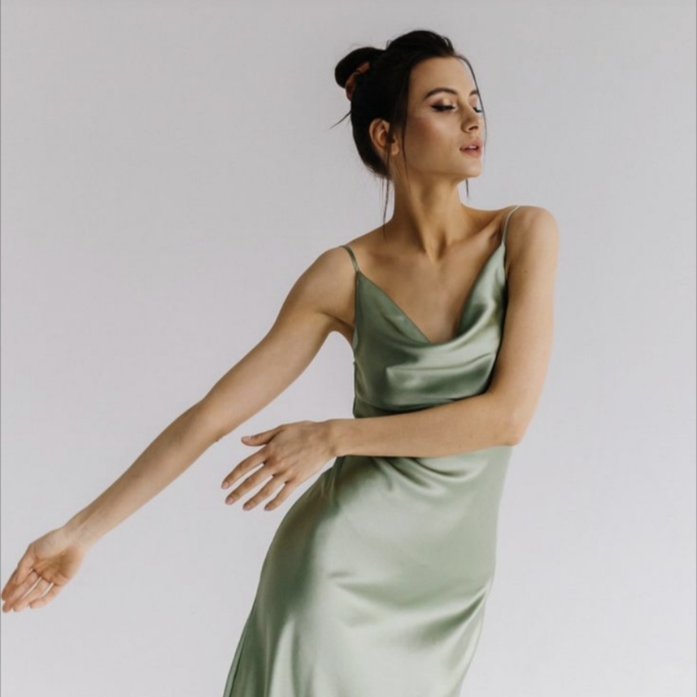 Pure Charmeuse silk marble printed green slipdress